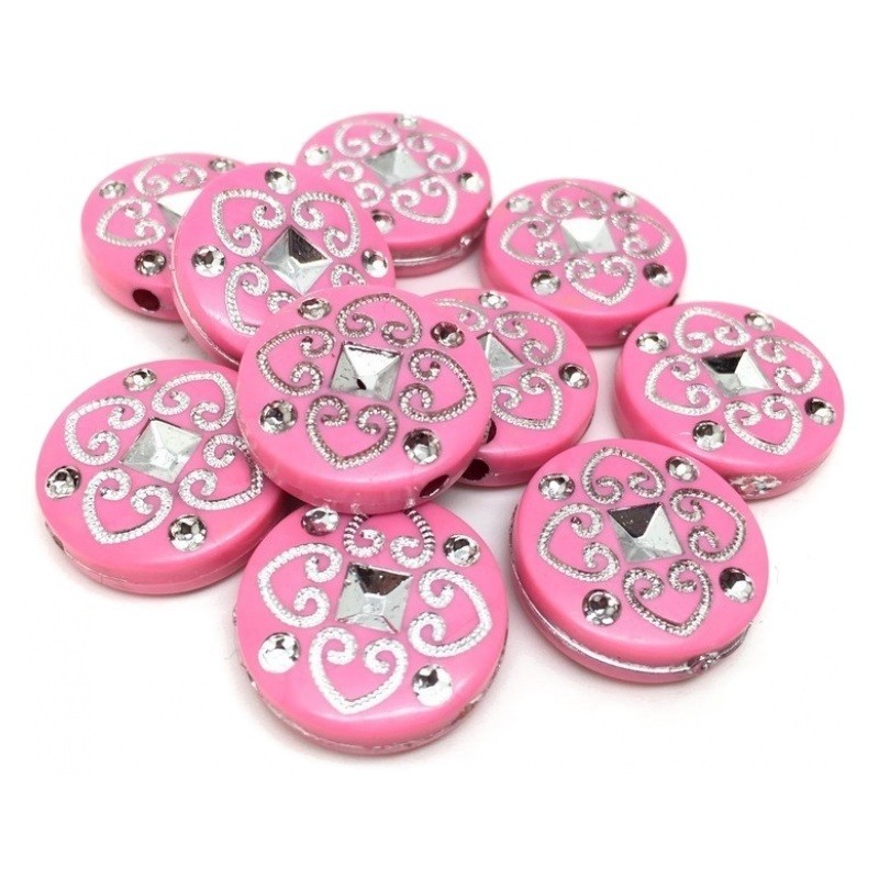 10 Perles en Acrylique Rose et Argenté 18mm