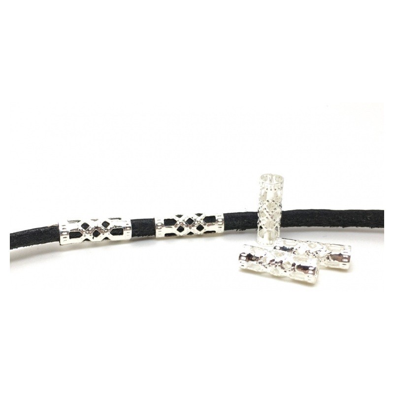 20 Perles Tubes Ajourées Filigrane Argentées 12x4mm