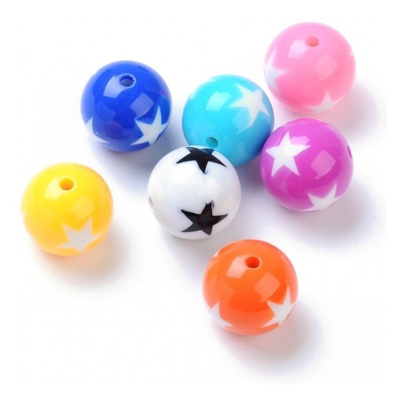 5 Grosses Perles Ronde Étoile en Acrylique Multicolore 19mm