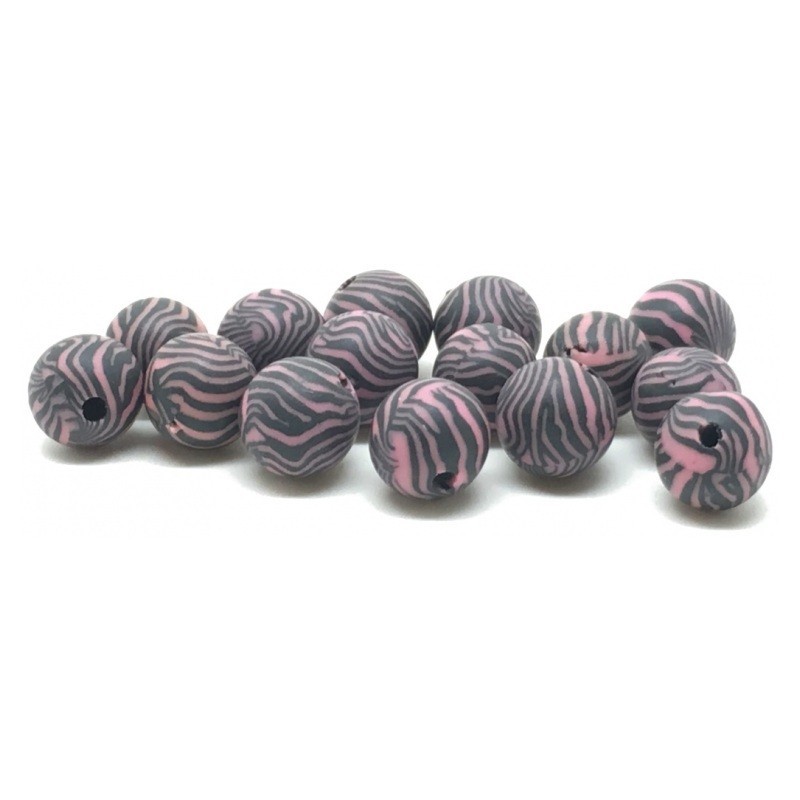 15 Perles Noires/Roses en Pâte Polymère Fimo 8mm