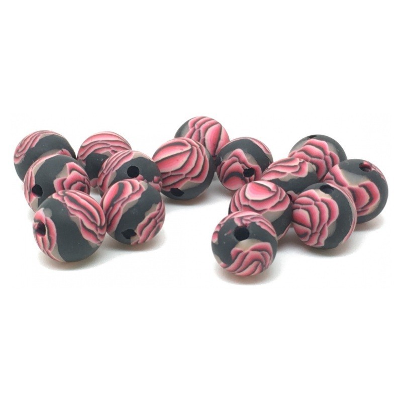 15 Perles Noires/Roses en Pâte Polymère Fimo 8mm