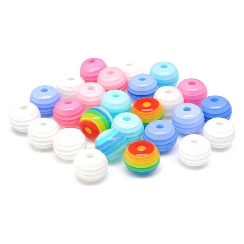 10 Perles Rondes Rayées Multicolores en Acrylique 8mm