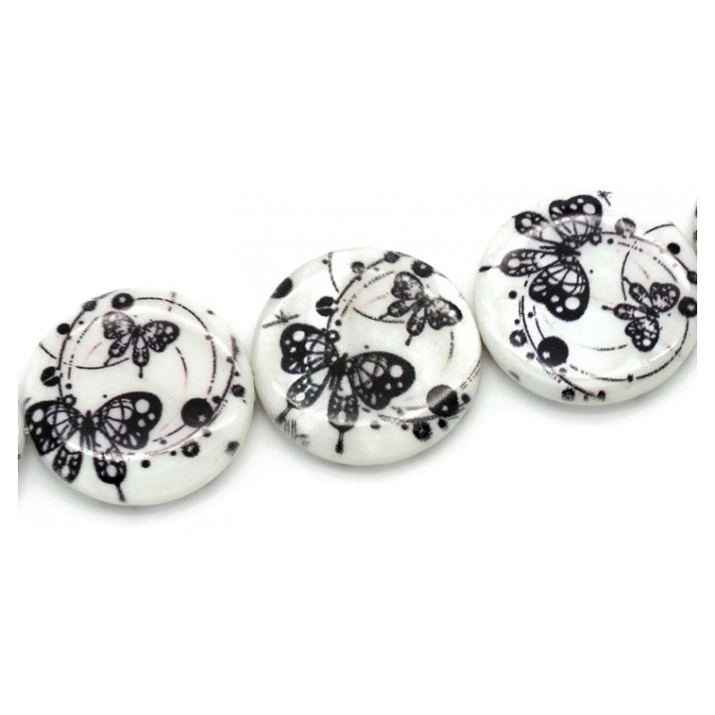 5 Perles Palet en Nacre Papillon Noir et Blanc 25mm