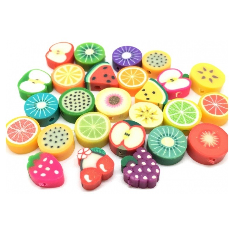 100 Perles Fruits Mixtes en Pâte Polymère Fimo 10mm