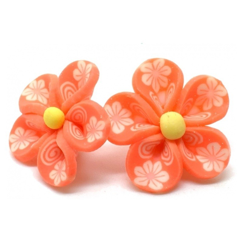 4 Perles Fleurs Orange Foncé en Pâte Polymère Fimo 20mm