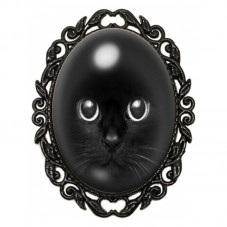 Broche Noire avec Cabochon en Verre Chat Noir pour la Création de Bijoux Fantaisie - DIY
