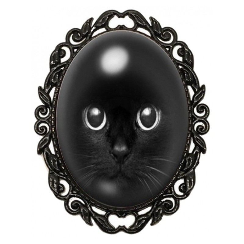 Broche Noire avec Cabochon en Verre Chat Noir
