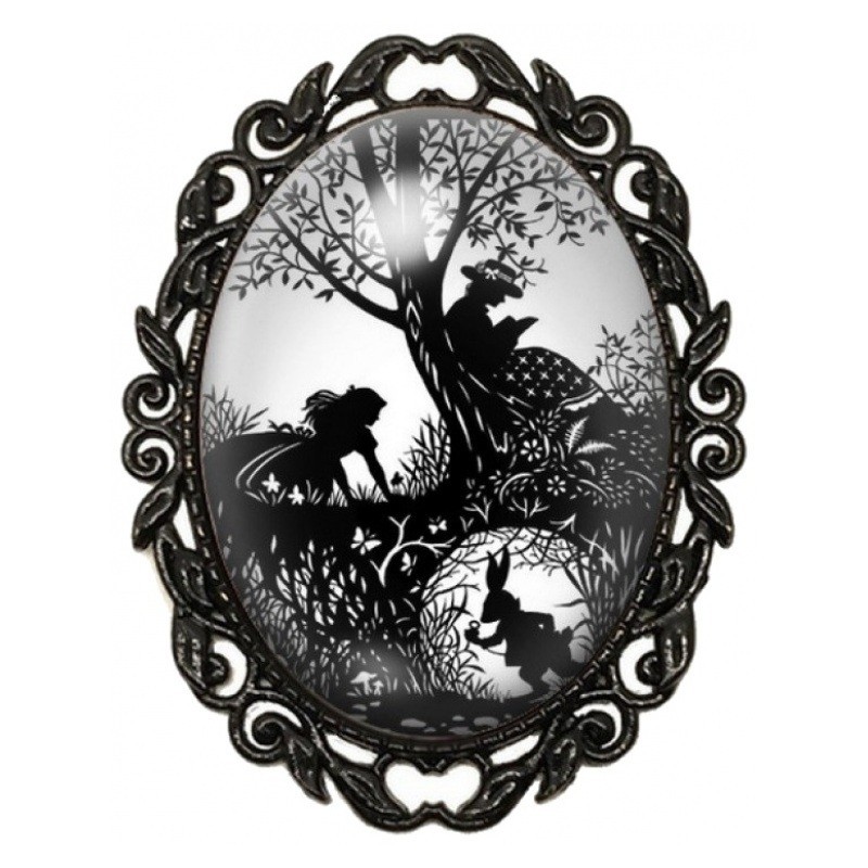 Broche Noire avec Cabochon en Verre Alice au Pays des Merveilles