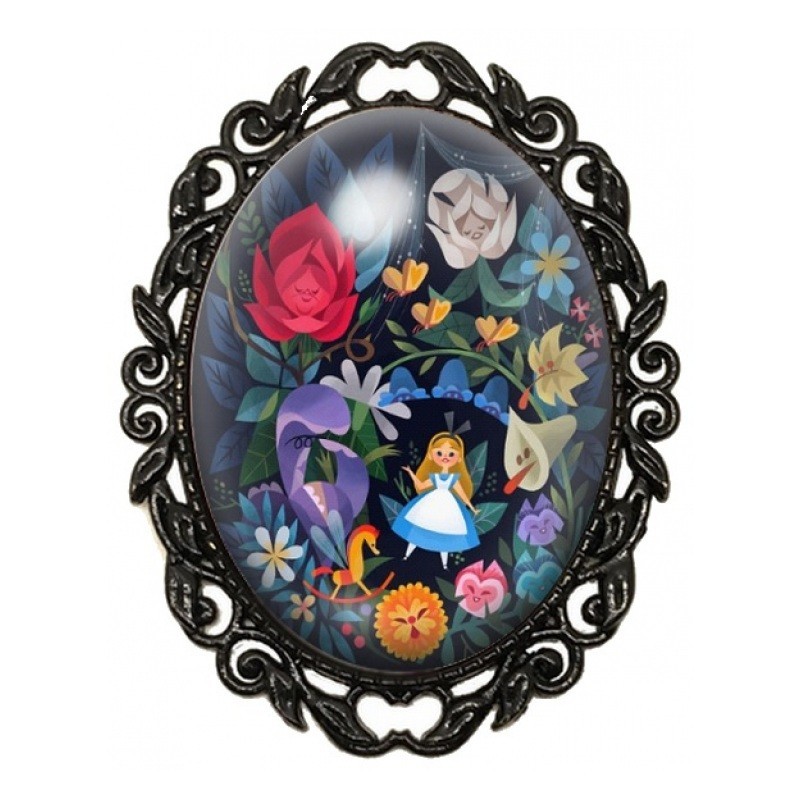 Broche Noire avec Cabochon en Verre Alice au Pays des Merveilles