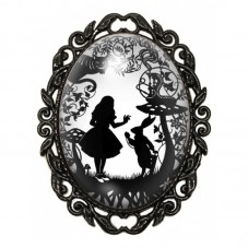 Broche Noire avec Cabochon en Verre Alice et le Lapin Blanc parmi les Champignons pour la Création de Bijoux Fantaisie - DIY