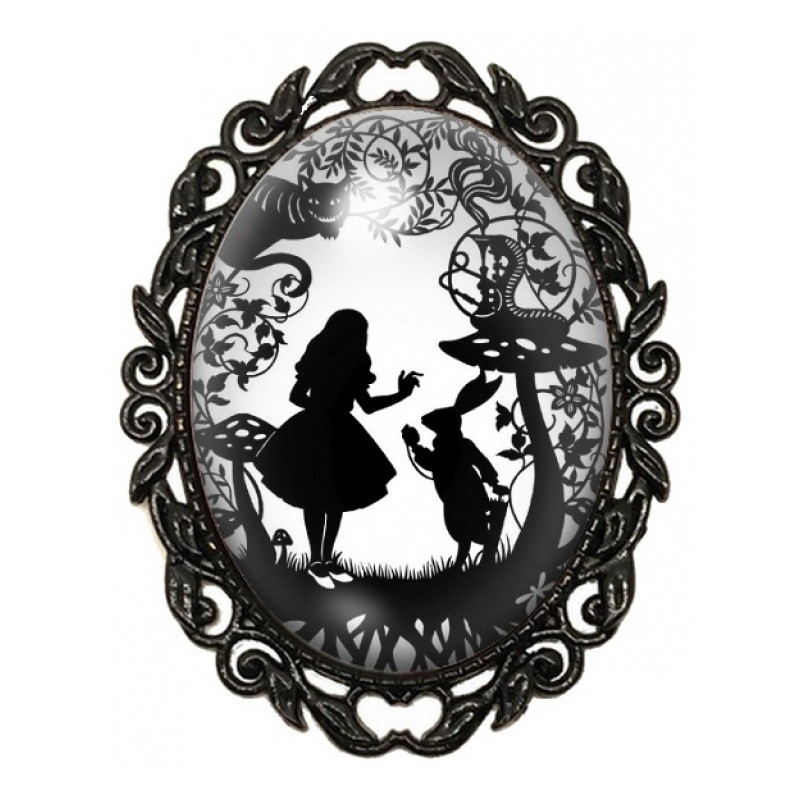 Broche Noire avec Cabochon en Verre Alice et le Lapin Blanc parmi les Champignons