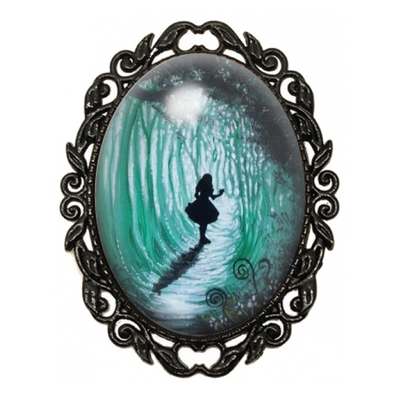 Broche Noire avec Cabochon en Verre Alice au Pays des Merveilles