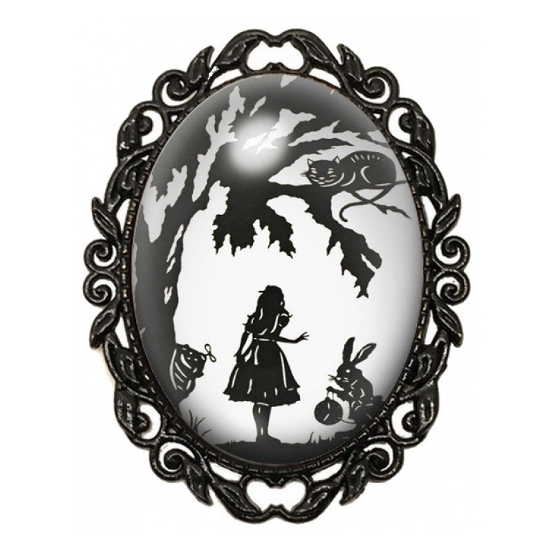 Broche Noire avec Cabochon en Verre Alice au Pays des Merveilles