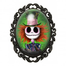 Broche Noire avec Cabochon en Verre Chapelier Fou Squelettique aux Cheveux Roux pour la Création de Bijoux Fantaisie - DIY