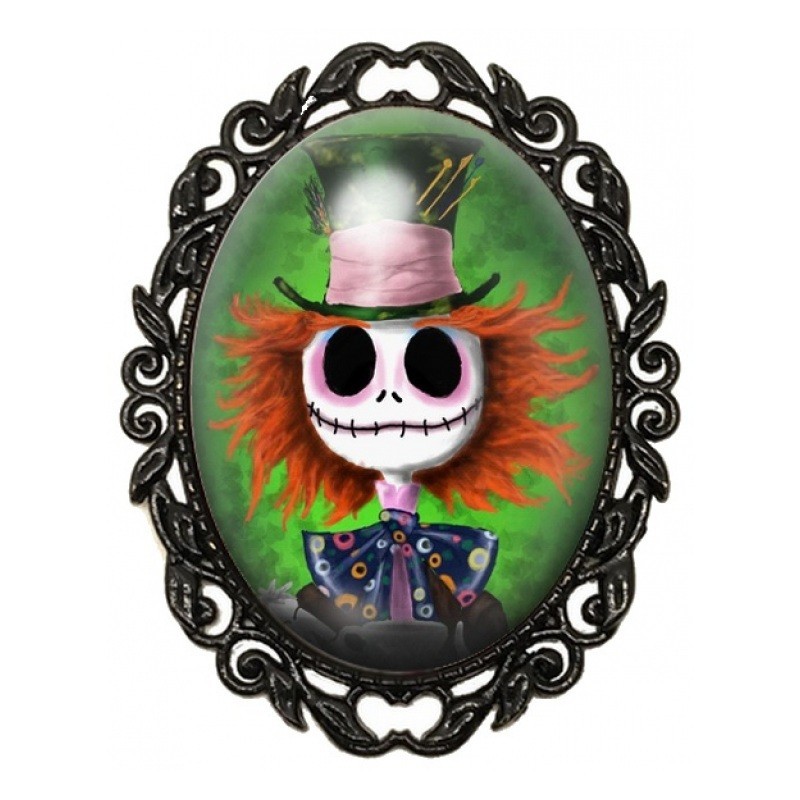 Broche Noire avec Cabochon en Verre Chapelier Fou Squelettique aux Cheveux Roux