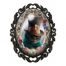 Broche Noire avec Cabochon en Verre Alice au Pays des Merveilles Chat du Cheshire pour la Création de Bijoux Fantaisie - DIY