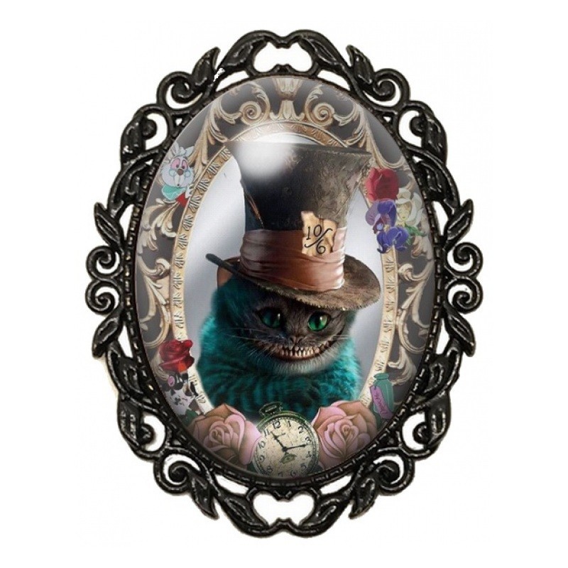 Broche Noire avec Cabochon en Verre Alice au Pays des Merveilles Chat du Cheshire