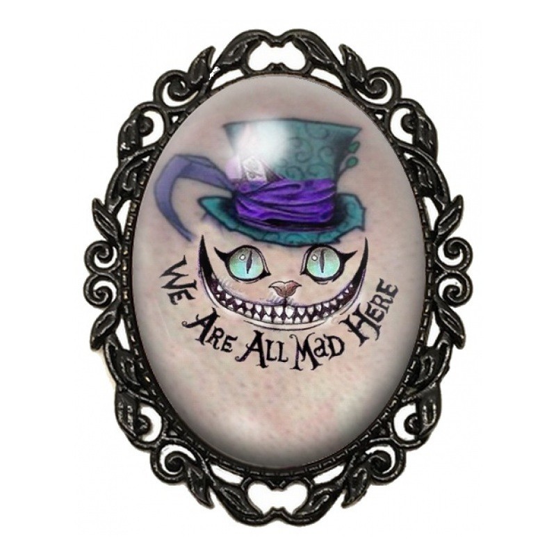Broche Noire avec Cabochon en Verre Alice au Pays des Merveilles Chat du Cheshire