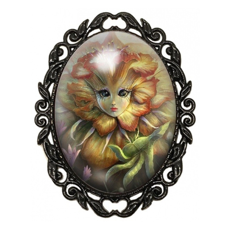 Broche Noire avec Cabochon en Verre Alice au Pays des Merveilles