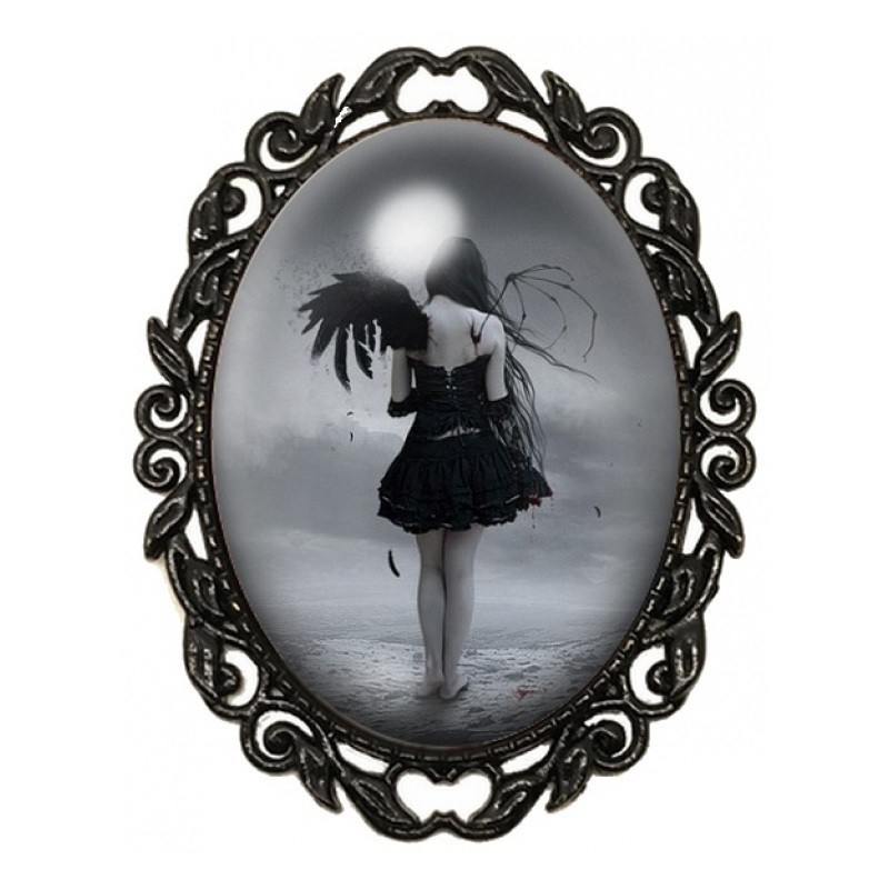 Broche Noire avec Cabochon en Verre Ange Gothique