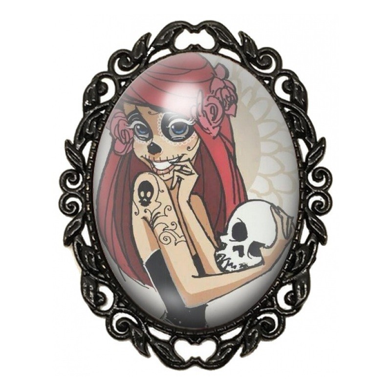 Broche Noire avec Cabochon en Verre Ariel Calavera aux Roses et au Crâne