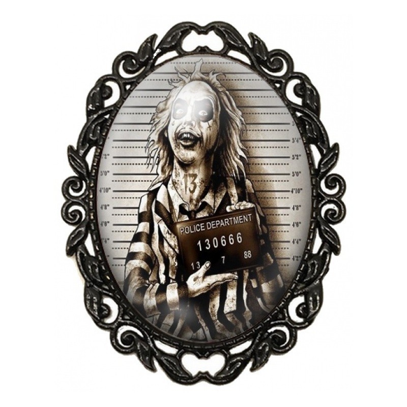 Broche Noire avec Cabochon en Verre Beetlejuice Gothique