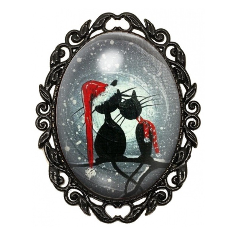 Broche Noire avec Cabochon en Verre Chat Noël