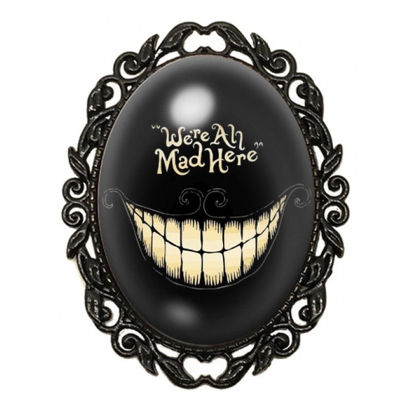 Broche Noire avec Cabochon en Verre Sourire du Chat du Cheshire