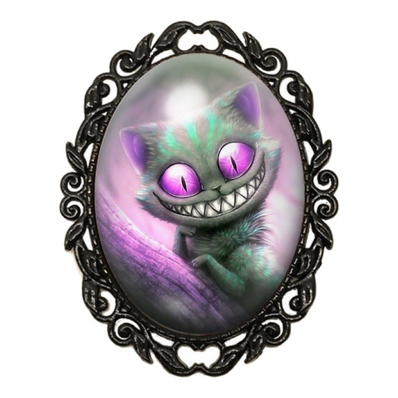 Broche Noire avec Cabochon en Verre Chat du Cheshire aux Yeux Violets