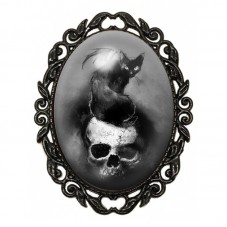 Broche Noire avec Cabochon en Verre Chat Crâne Gothique pour la Création de Bijoux Fantaisie - DIY