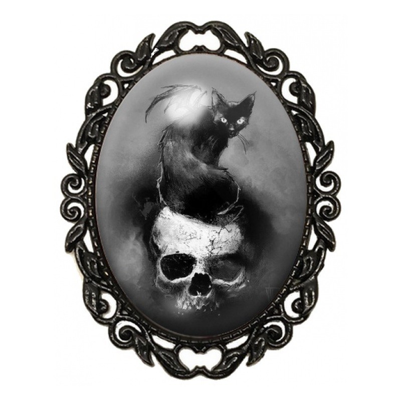 Broche Noire avec Cabochon en Verre Chat Crâne Gothique