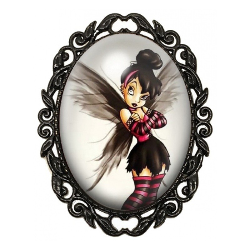 Broche Noire avec Cabochon en Verre Fée Gothique Rose et Noire