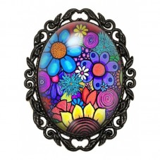 Broche Noire avec Cabochon en Verre Fleurs Colorées pour la Création de Bijoux Fantaisie - DIY
