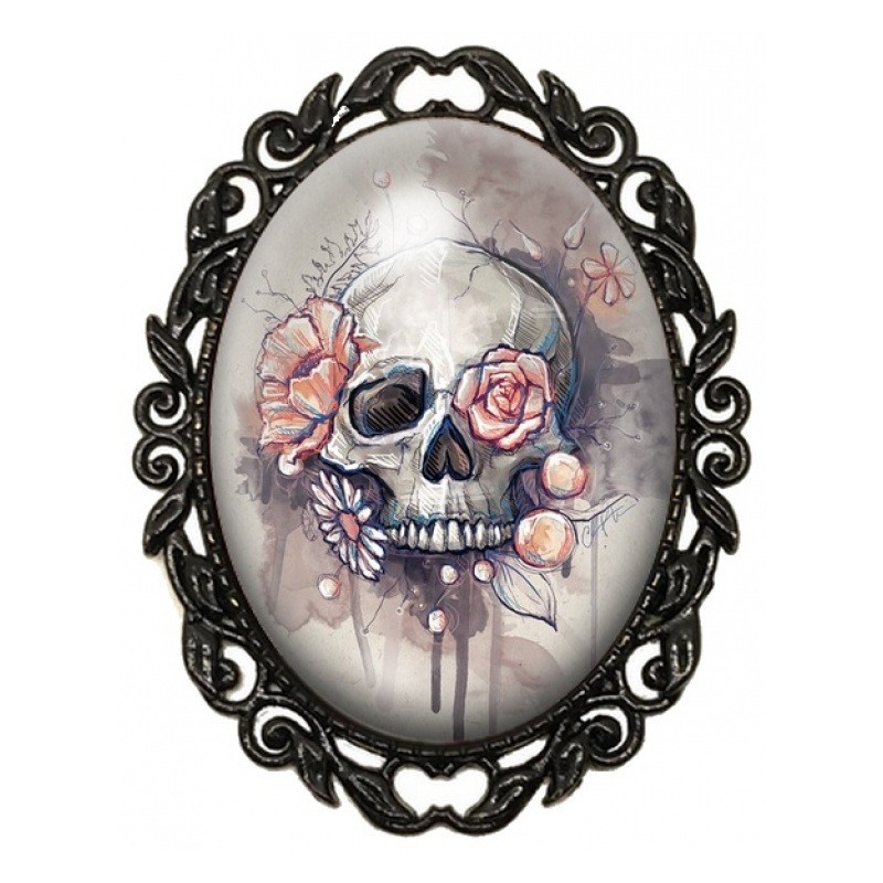 Broche Noire avec Cabochon en Verre Crâne Aquarelle aux Fleurs Poudrées