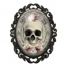 Broche Noire avec Cabochon en Verre Crâne Memento Mori Fleuri pour la Création de Bijoux Fantaisie - DIY