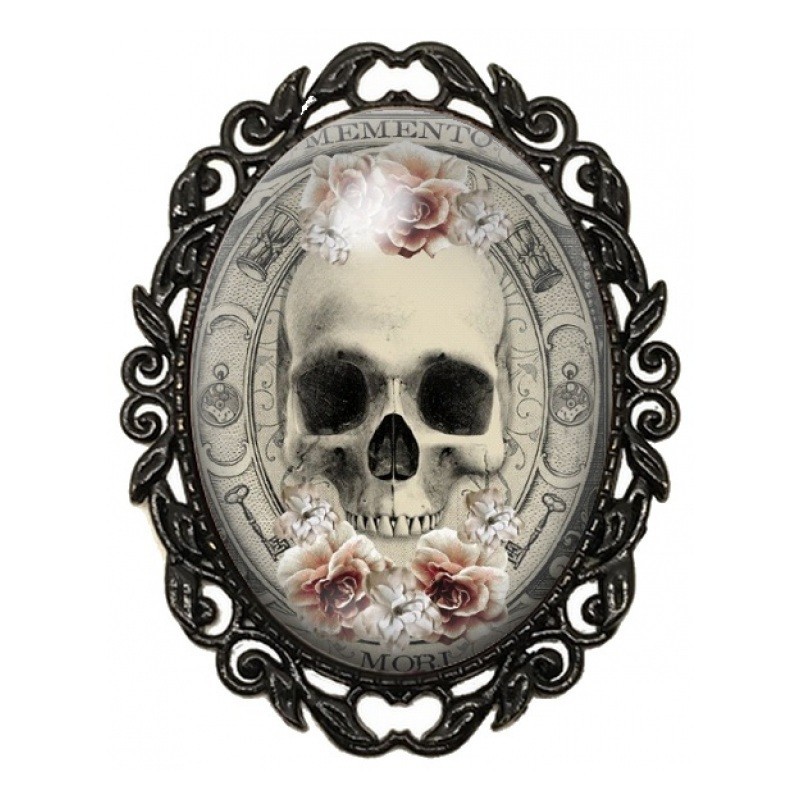 Broche Noire avec Cabochon en Verre Crâne Memento Mori Fleuri