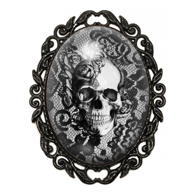 Broche Noire avec Cabochon en Verre Crâne Gothique