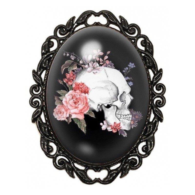 Broche Noire avec Cabochon en Verre Crâne Blanc aux Roses Corail