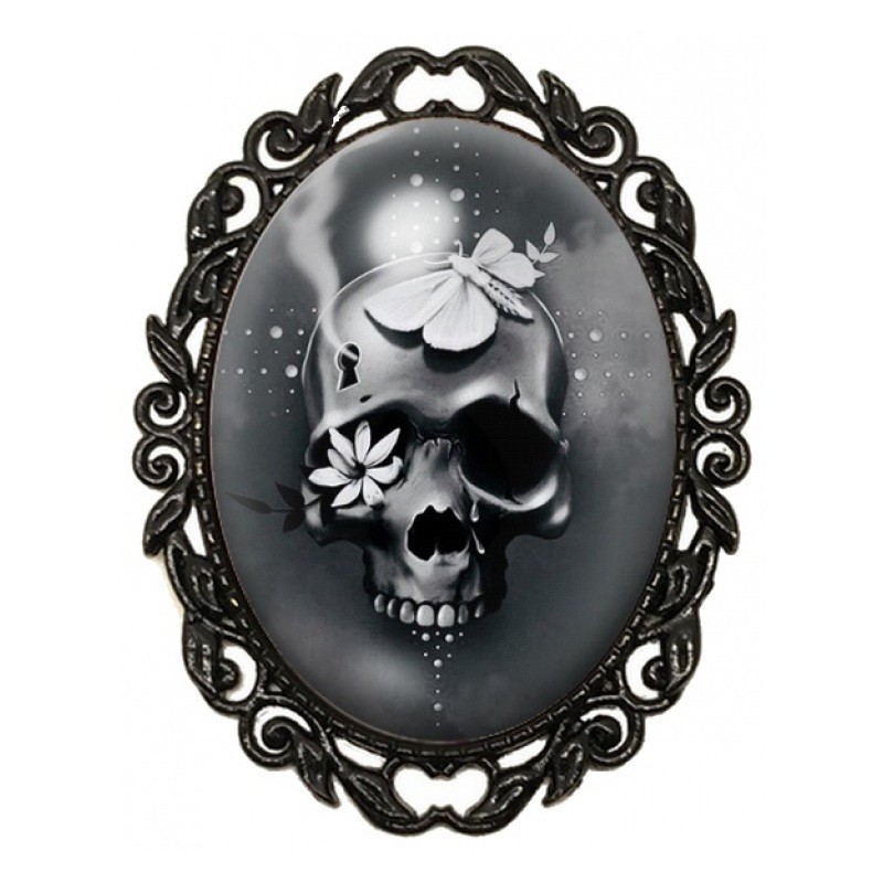 Broche Noire avec Cabochon en Verre Crâne Gothique