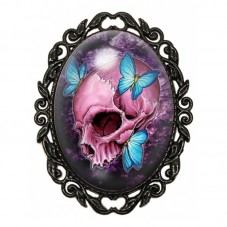 Broche Noire avec Cabochon en Verre Crâne Rose aux Papillons Bleus pour la Création de Bijoux Fantaisie - DIY