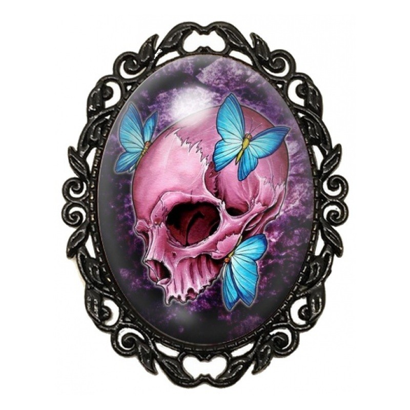 Broche Noire avec Cabochon en Verre Crâne Rose aux Papillons Bleus