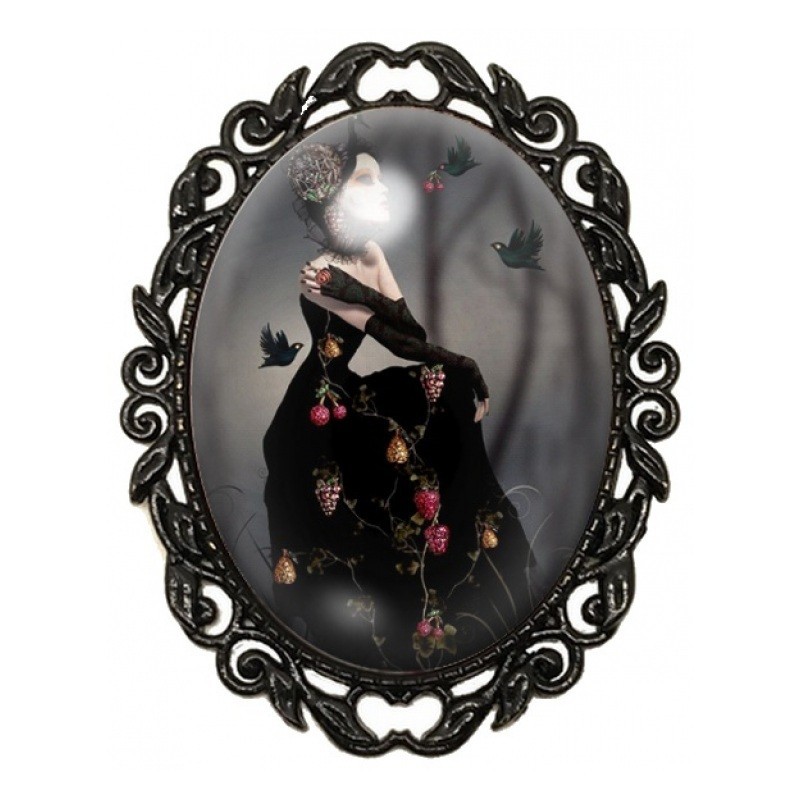 Broche Noire avec Cabochon en Verre Femme Gothique aux Baies et Corbeaux