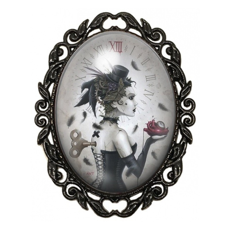 Broche Noire avec Cabochon en Verre Femme Horloge Gothique