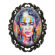 Broche Noire avec Cabochon en Verre Frida Kahlo Portrait Urbain Coloré pour la Création de Bijoux Fantaisie - DIY