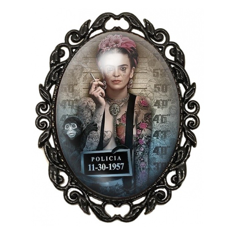 Broche Noire avec Cabochon en Verre Frida Kahlo Coupable avec Singe