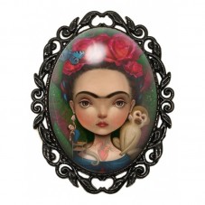 Broche Noire avec Cabochon en Verre Frida Kahlo pour la Création de Bijoux Fantaisie - DIY