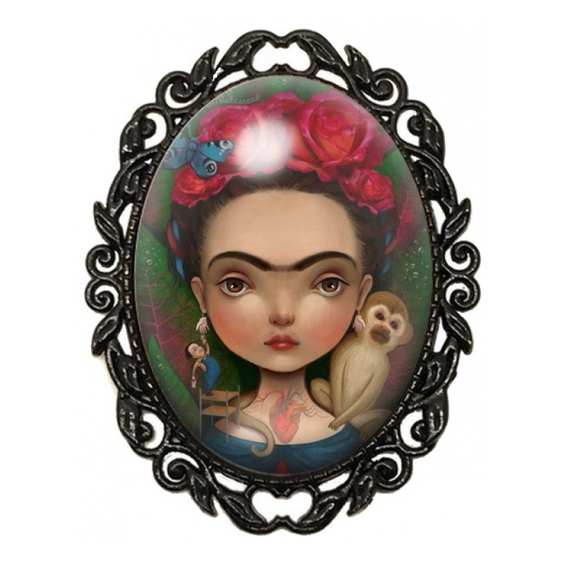 Broche Noire avec Cabochon en Verre Frida Kahlo