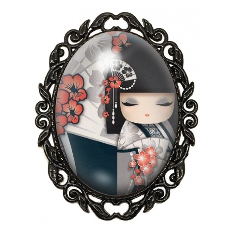 Broche Noire avec Cabochon en Verre Geisha
