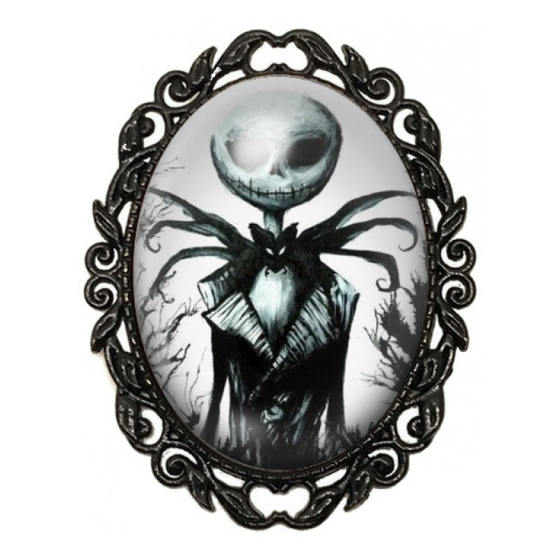 Broche Noire avec Cabochon en Verre Jack Skellington en Esquisse