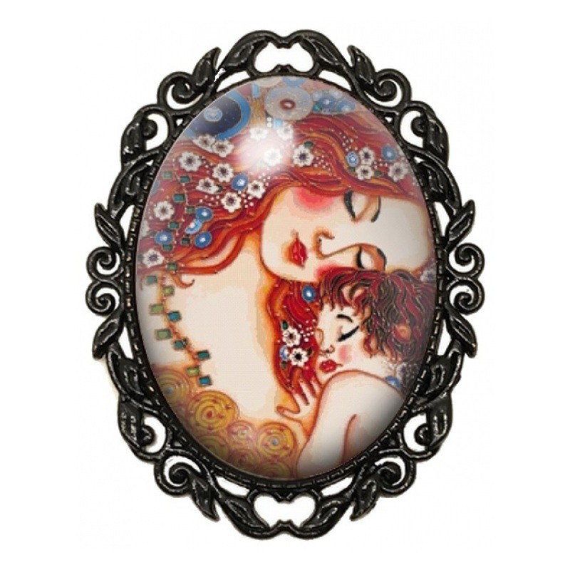Broche Noire avec Cabochon en Verre Mère et Enfant façon Klimt